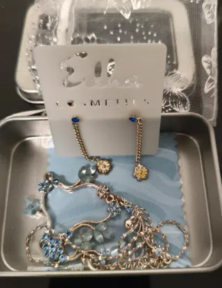 Conjunto Collar y Pendientes Flores Azul Plata