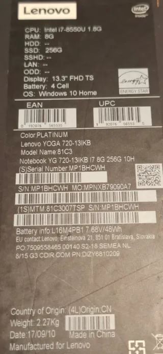 Lenovo Yoga 720 13IKB 2-en-1 Táctil