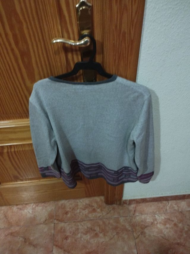 Camiseta manga larga gris con rayas moradas