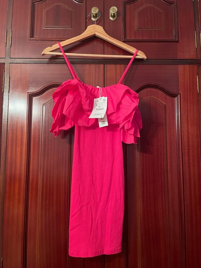Vestido elástico con volantes rosa Talla S