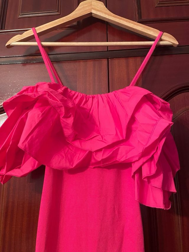 Vestido elástico con volantes rosa Talla S