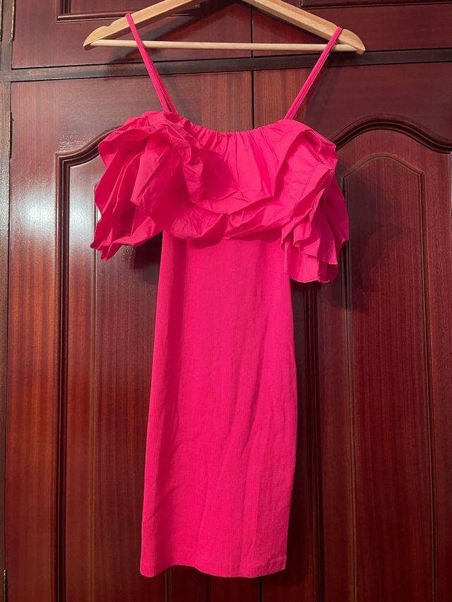 Vestido elástico con volantes rosa Talla S