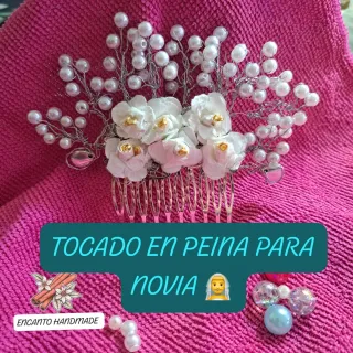 Tocado Peineta Novia Flores Perlas