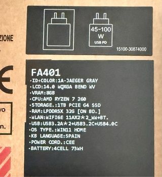 Portátil ASUS TUF A14" RTX 5060 32Gb R7 260W 2025 