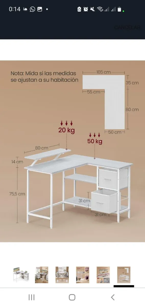 Escritorio VASAGLE L Blanco Arce