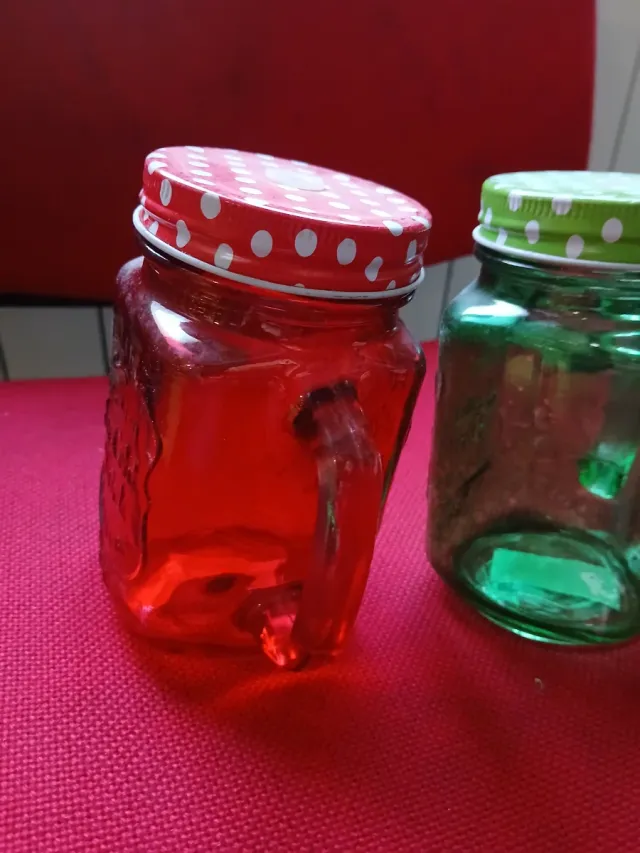 Coppia Bicchieri Vetro Barattolo Rossi e Verdi