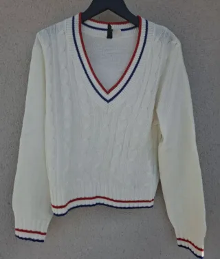 Jersey de punto con cuello V y rayas XS