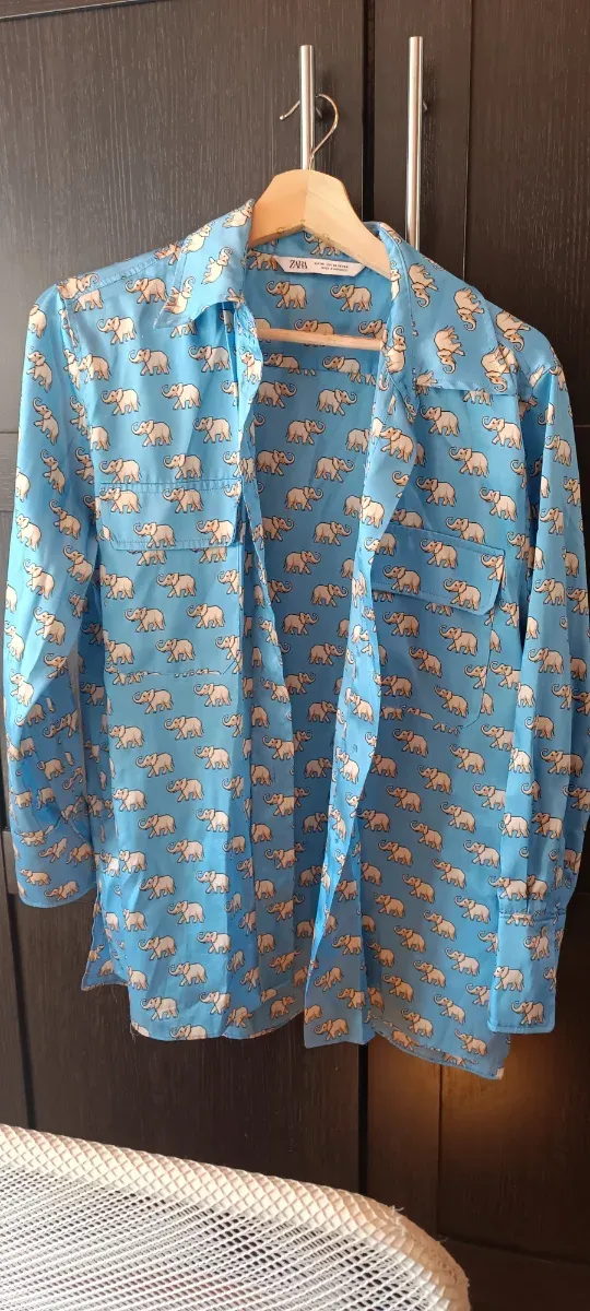 Camisa Zara Estampado Elefantes Azul