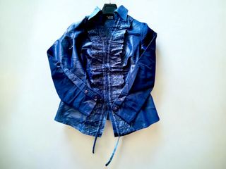 Camicia donna blu lucido con Pizzo e Balze