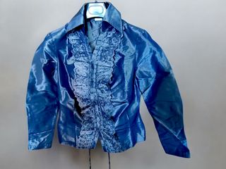 Camicia donna blu lucido con Pizzo e Balze