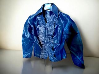 Camicia donna blu lucido con Pizzo e Balze