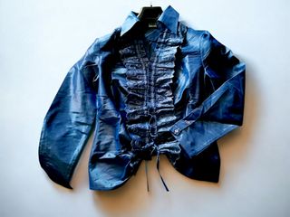 Camicia donna blu lucido con Pizzo e Balze