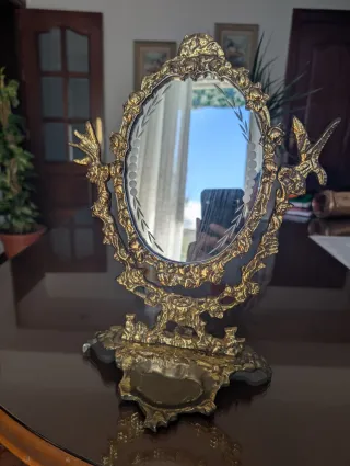 Espejo tocador vintage bronce y aves dorado