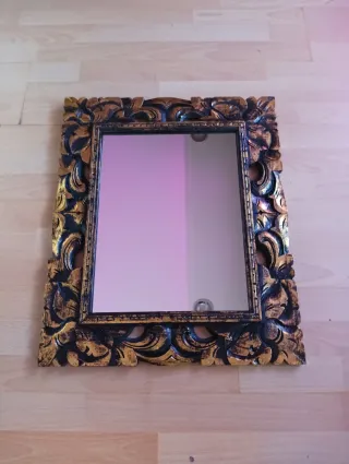 Espejo Artesano Madera Negro y Dorado