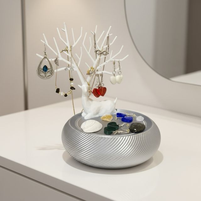 Joyero 3D Ciervo Blanco y Base Plateada