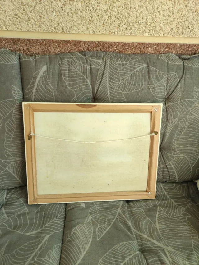 Cuadro al óleo paisaje casa lago