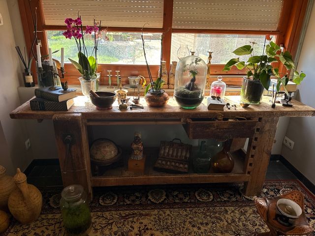 Mesa de carpintero antigua madera y cristal