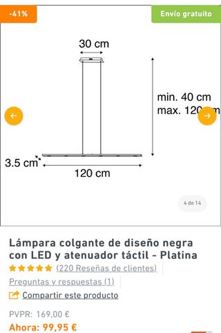 Lámpara colgante LED negra táctil