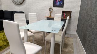 Mesa de cristal con 6 sillas blancas