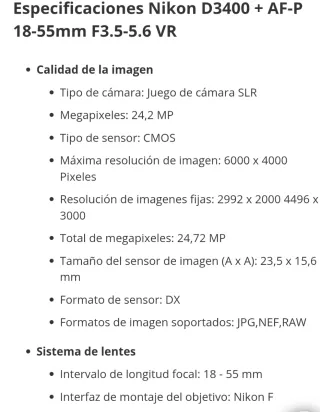 Cámara Nikon D3400 Negra + Accesorios