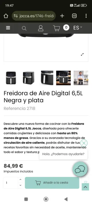 Freidora Aire Jocca 6.5L Negra/Plata