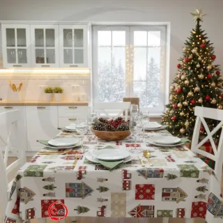 Tovaglia Natale Case e Alberi