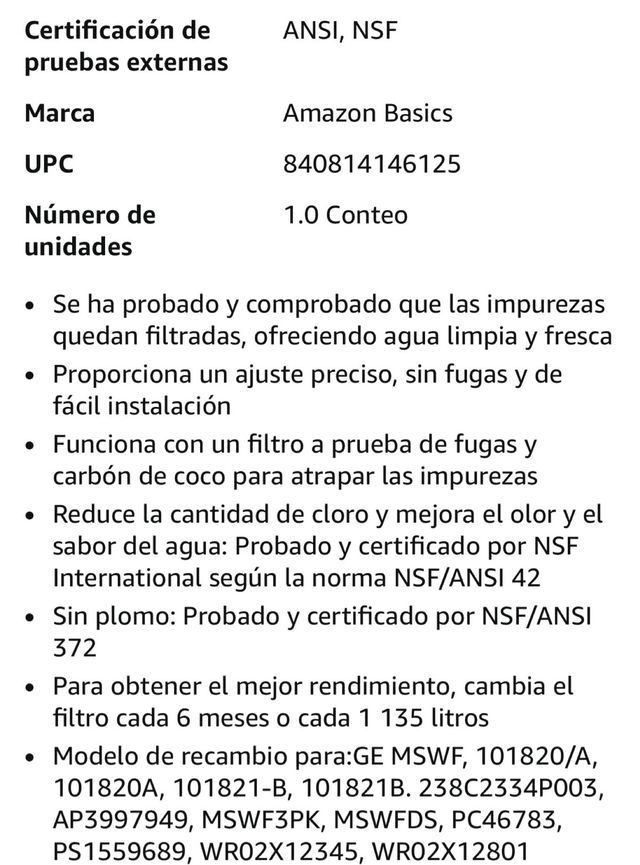 Filtro Agua Nevera Amazon Basics AMZN-MSWF-S