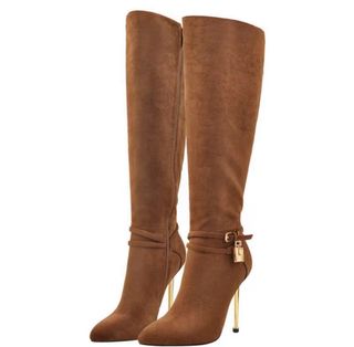 Stivali alti marroni con tacco dorato