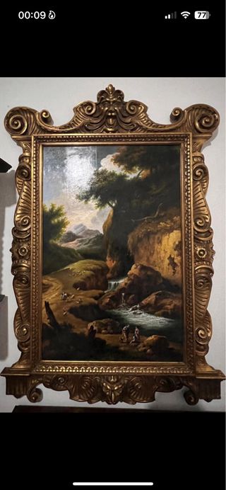 Antico quadro con paesaggio e cornice dorata