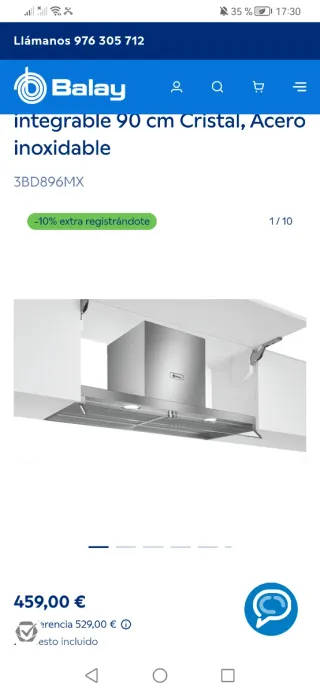 Campana Balay 90cm Inox y Cristal