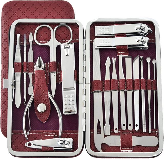 Juego de cortaúñas de acero inoxidable, 19 piezas kit de manicura y pedicura profesional, tijeras de uñas conjunto de cuidado facial y uñas de viaje portátil