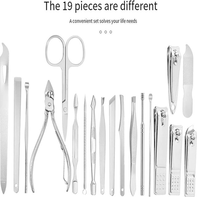 Juego de cortaúñas de acero inoxidable, 19 piezas kit de manicura y pedicura profesional, tijeras de uñas conjunto de cuidado facial y uñas de viaje portátil