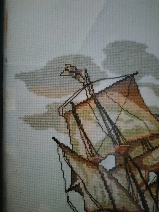 Cuadro Punto de Cruz Barco Velero Azul