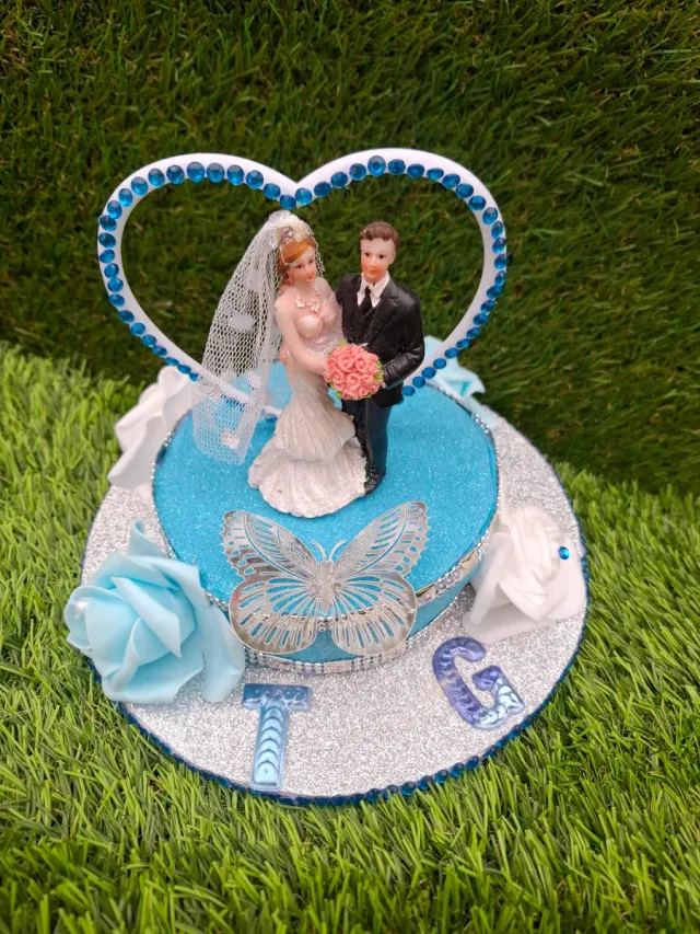 Centro de mesa boda novios corazón azul