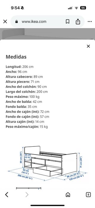 Cama individual Ikea blanca con cajones