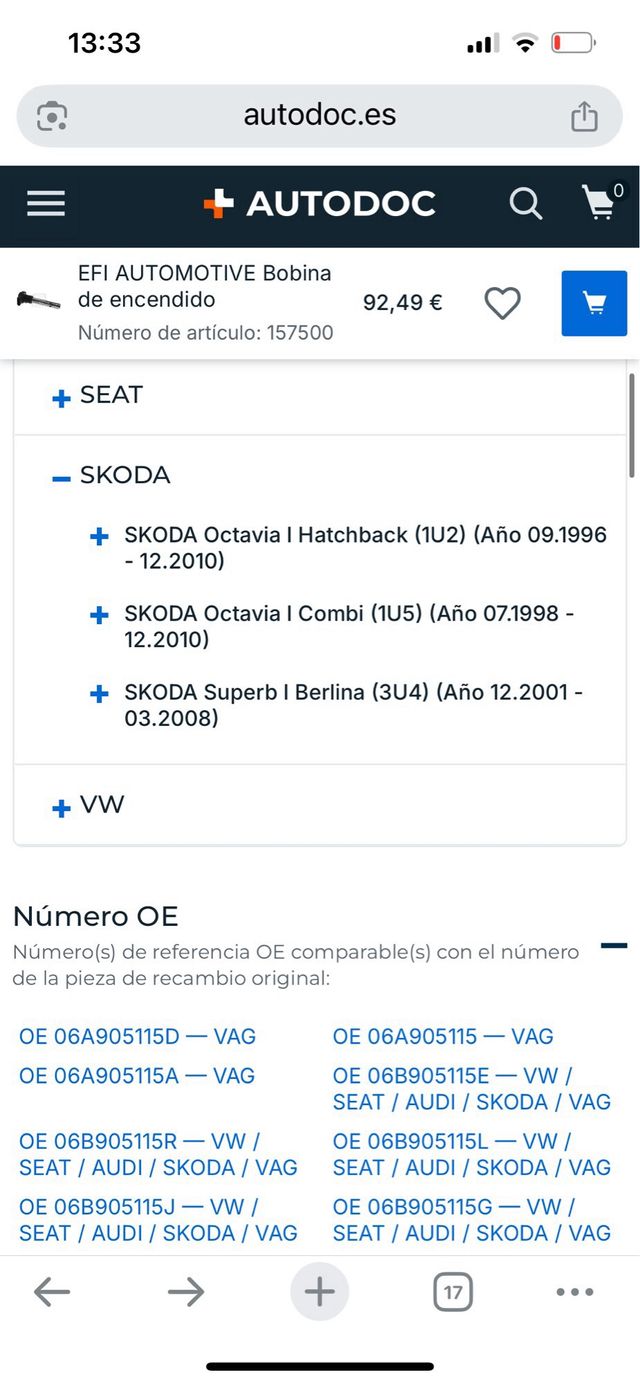 Bobina encendido EFI AUTOMOTIVE 157500 grupo VAG