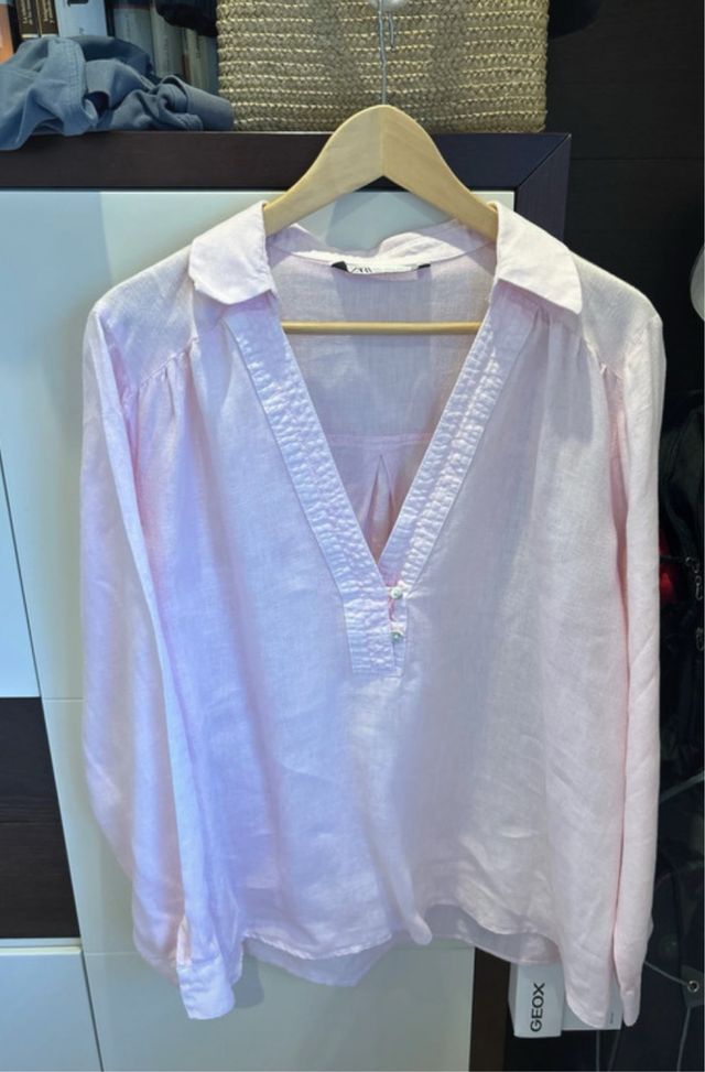 Camisa Zara Lino Rosa Talla L