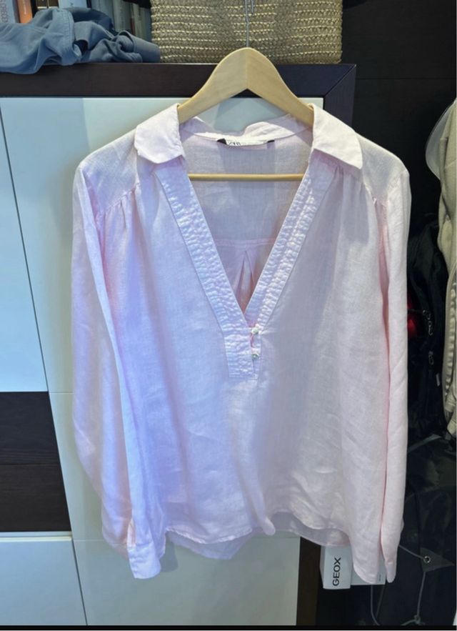Camisa Zara Lino Rosa Talla L