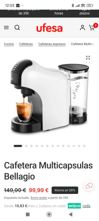 Cafetera Ufesa Bellagio Multicápsulas