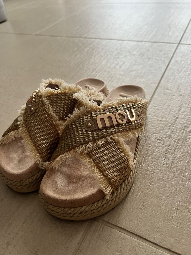 MOU Sandali Camoscio e Rafia Beige