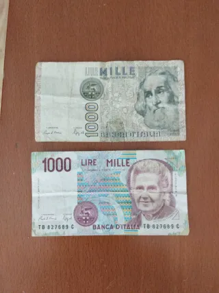 2 banconote e 1000 lire italiane