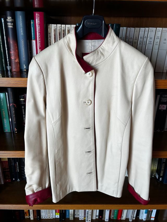 Chaqueta Piel Mujer Oscar Beige y Rojo Talla 40