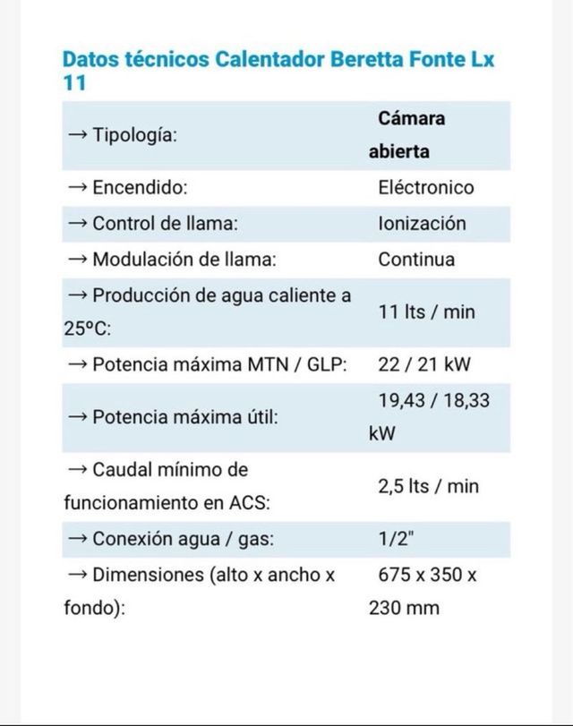 Calentador Beretta Fonte LX 11 metano a gas natura