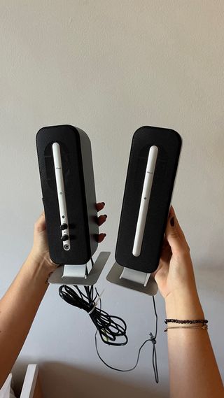 Altavoces negros y plateado