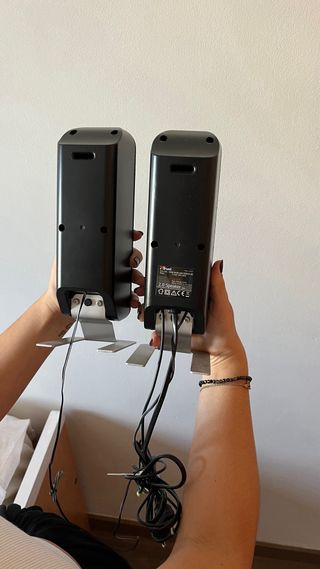 Altavoces negros y plateado