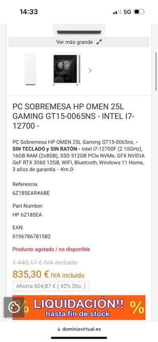 PC Sobremesa HP Omen GT15-0065NS Gaming 