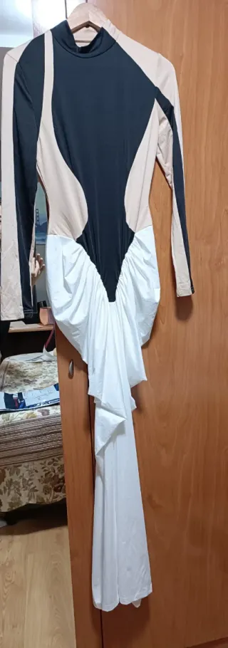 Vestido fiesta beige, negro y blanco