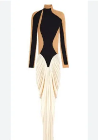 Vestido fiesta beige, negro y blanco