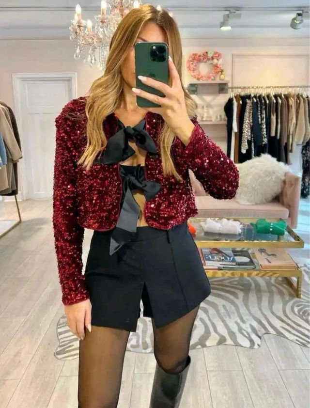 Blazer lentejuelas burdeos con lazos 