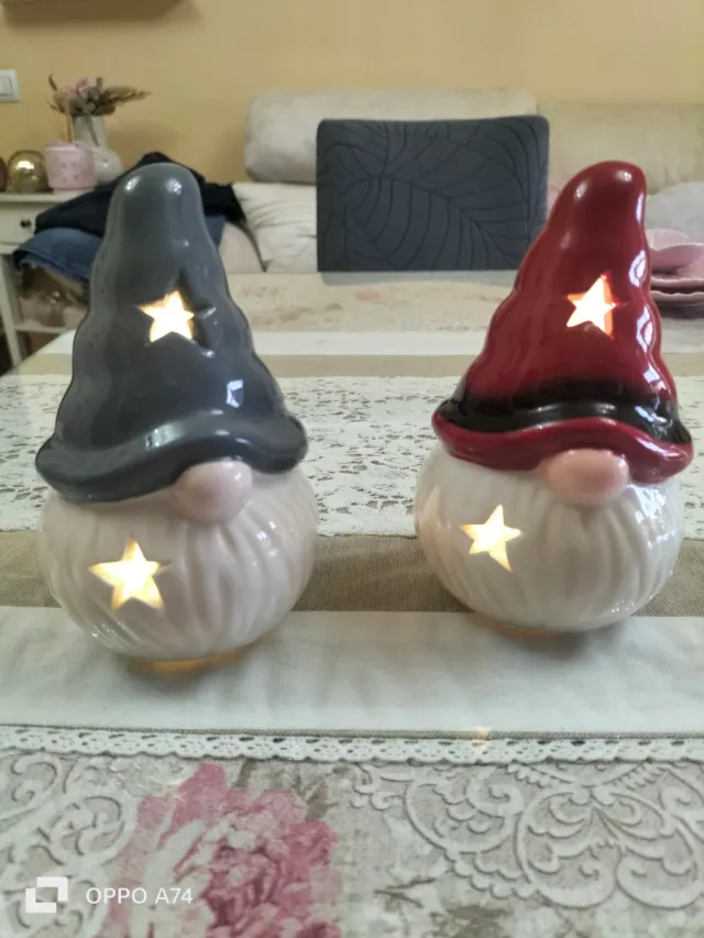 2 Gnomos Navideños Cerámica con Luz